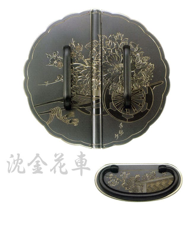 桐たんす金具【沈金花車・黒】